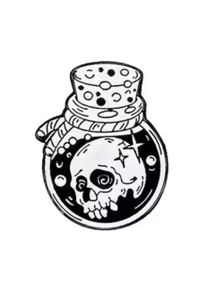 Eine schwarz-weiße Illustration im Cartoon-Stil einer verkorkten Flasche mit einem Totenkopf, Blasen und einem Stern.