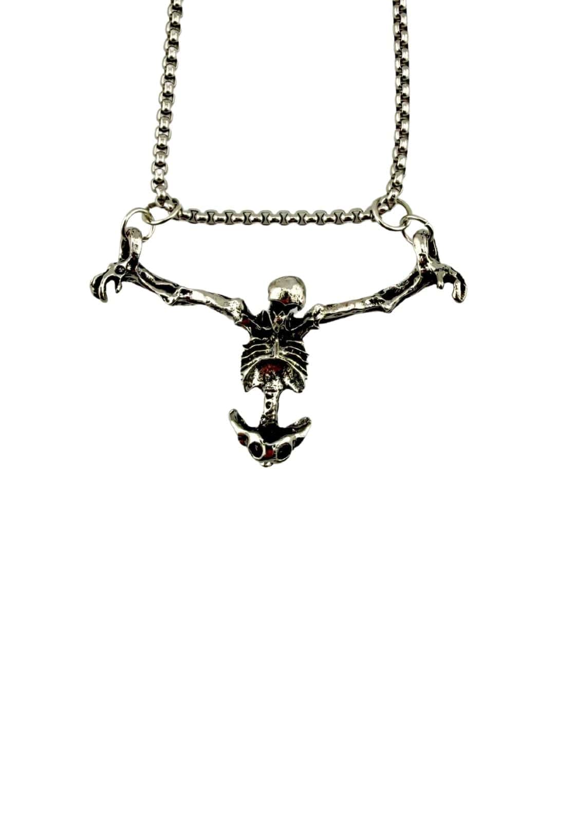 Silberne Skelett-Halskette Bound Death mit roten Edelsteinen, gothic Horror