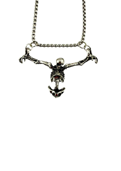 Silberne Skelett-Halskette Bound Death mit roten Edelsteinen, gothic Horror