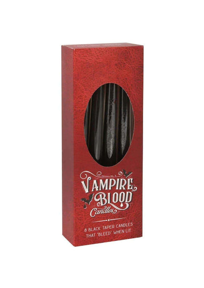 Box of 8 vampirblut taper kerzen in roten wachskerzen mit bluteffekt in einer roten box labeled vampire blood candles