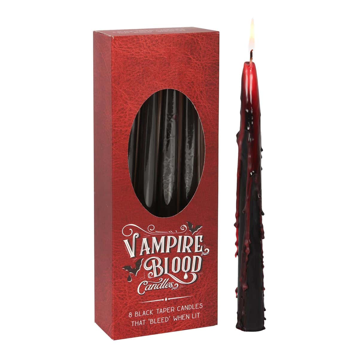 Ein schwarzer taper kerze mit rotem wachs in vampirblutoptik aus der box mit 8 vampire blood taper candles kerze