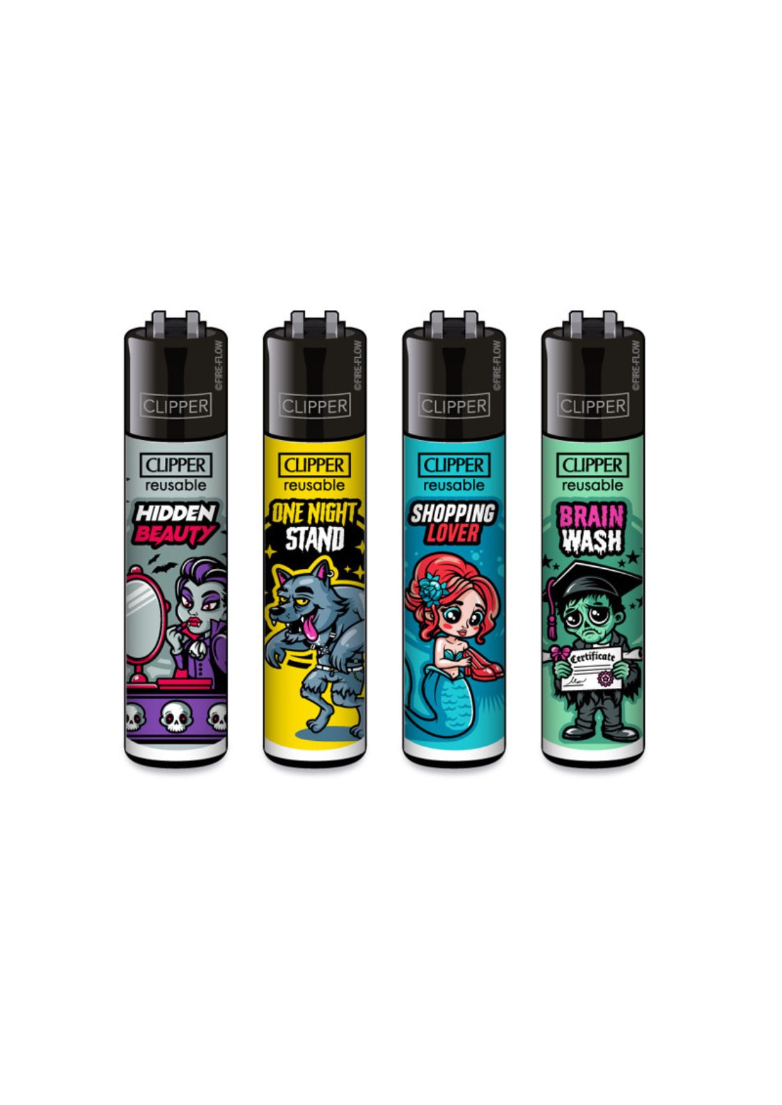 Vier Clipper-Feuerzeuge mit Cartoon-Monster-Motiven.