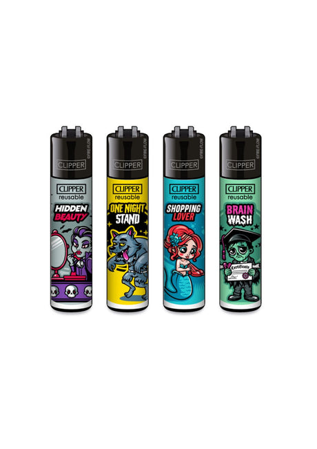 Vier Clipper-Feuerzeuge mit Cartoon-Monster-Motiven.
