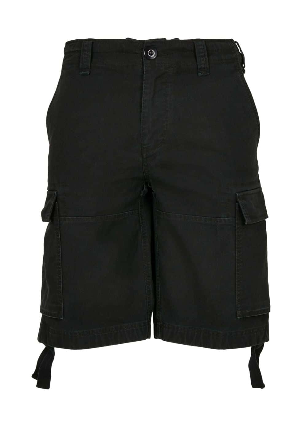 Schwarze Cargoshorts mit mehreren Taschen und Kordelzügen am Saum.
