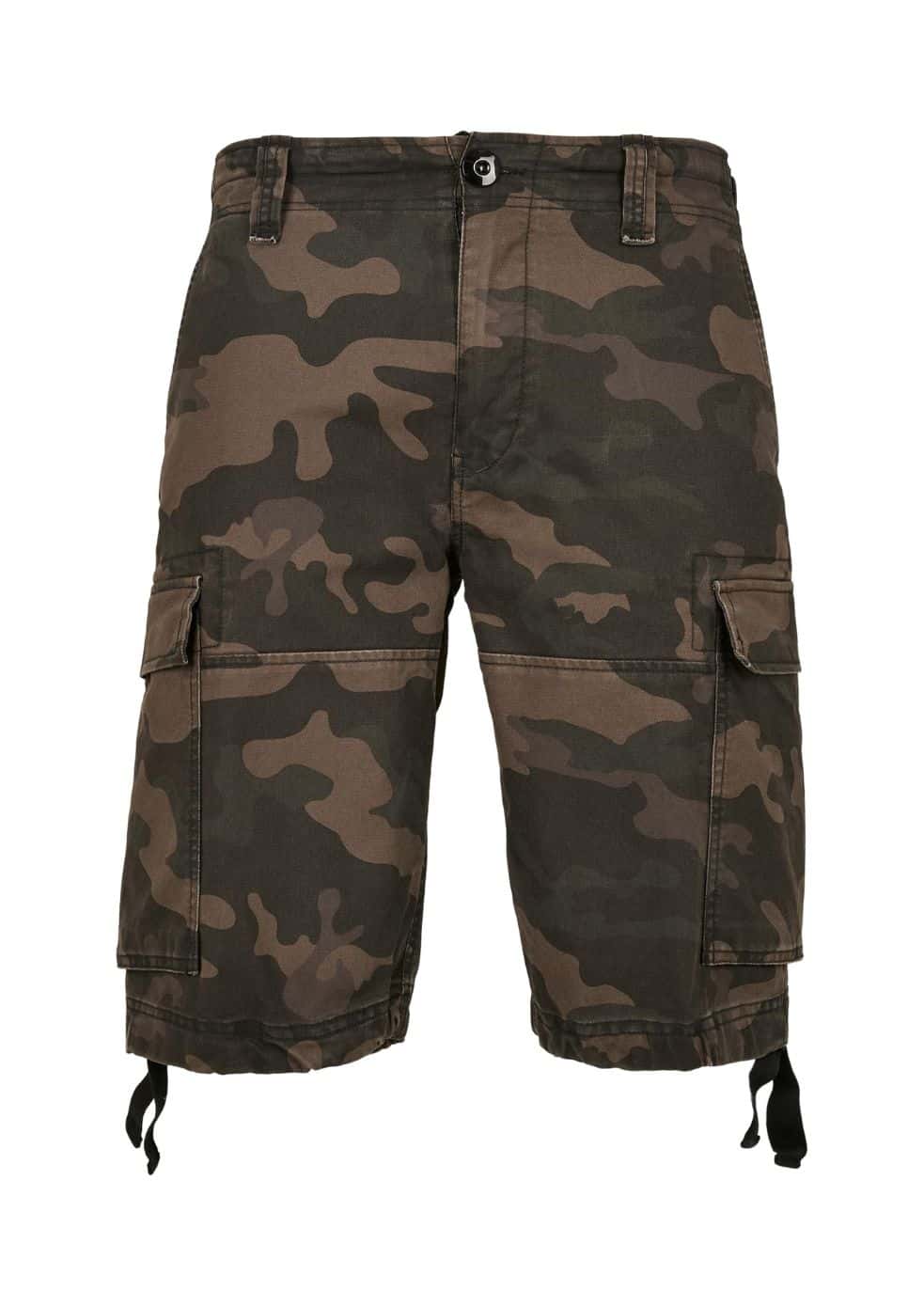 Dunkelgrüne und braune Tarnung Cargo-Shorts mit mehreren Taschen und verstellbaren Kordelzügen.