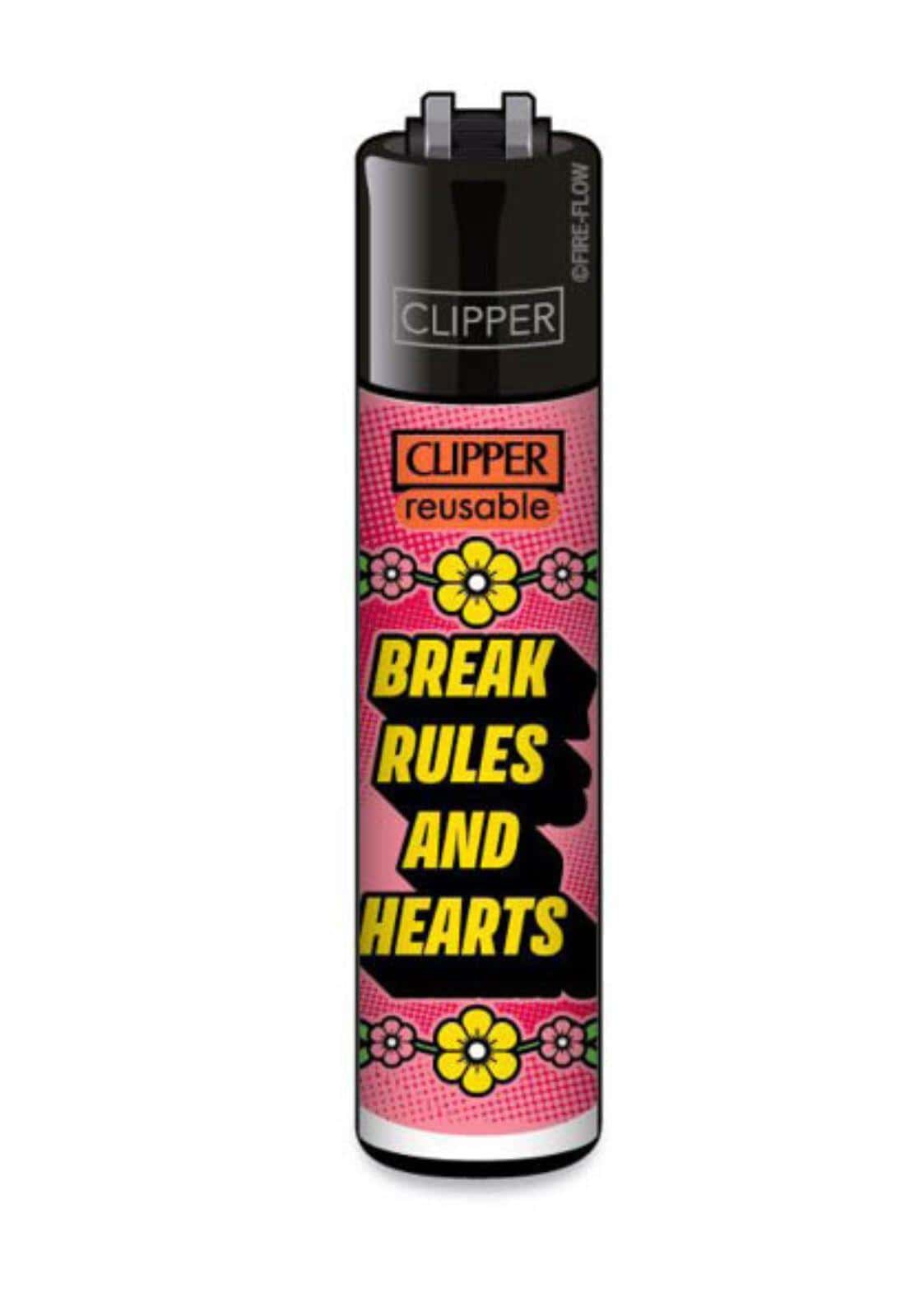 Break rules and hearts nachfüllbares clipper-feuerzeug mit soft-touch-oberfläche in pink und schwarz mit gelbem text