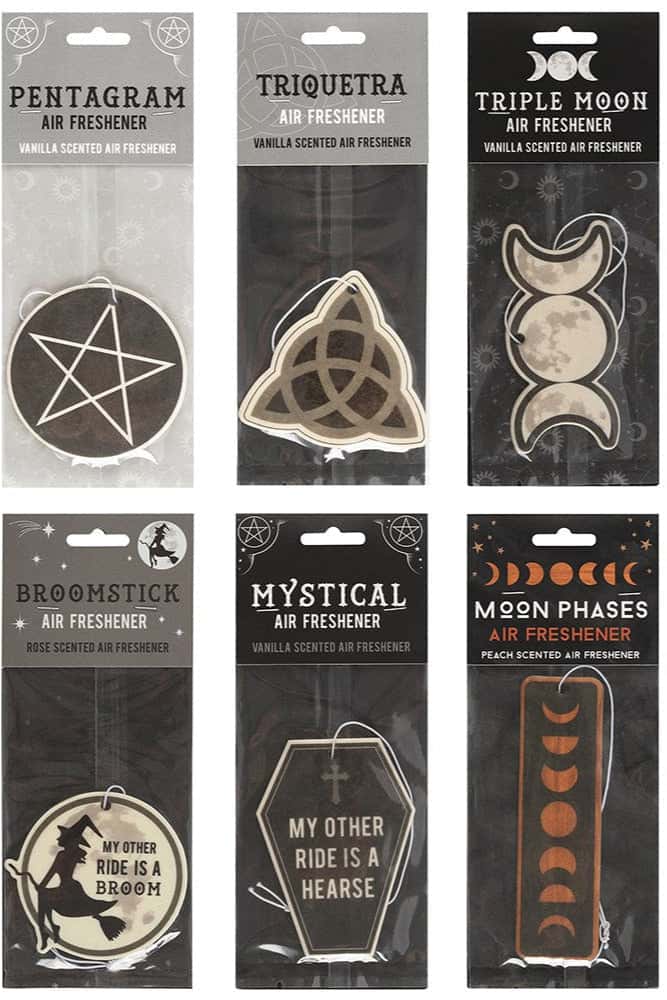 Schwarz-weiß pentagramm luftfrischer mit kreisdesign im klaren plastik verpackt broomstick rose air freshener