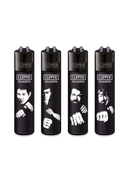 Schwarze clipper nachfüllbare feuerzeuge mit weißen martial-arts-silhouetten ideal für gothic kleidung und horror fans