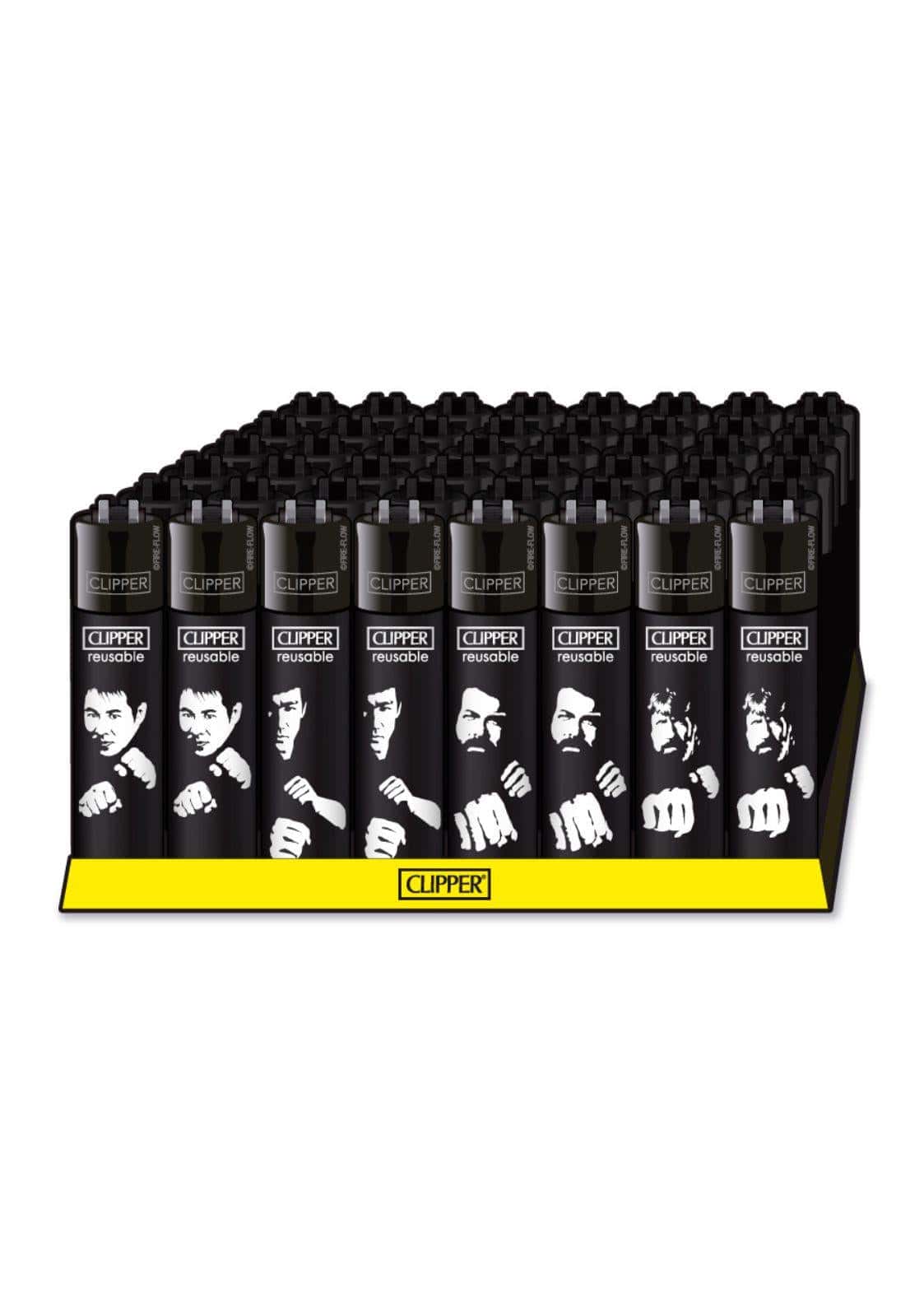 Schwarze clipper feuerzeuge mit weißen bruce lee silhouetten in kampfsportposen für gothic kleidung fans