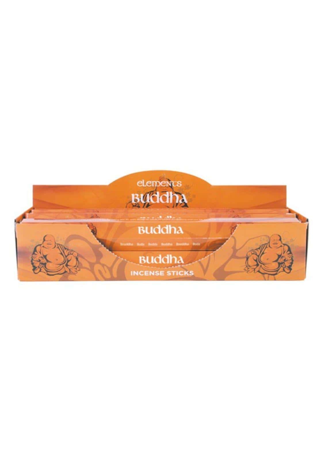 Orange karton mit buddha räucherstäbchen von elements mit lächelnden buddha-illustrationen ideal für gothic und dark fashion fans