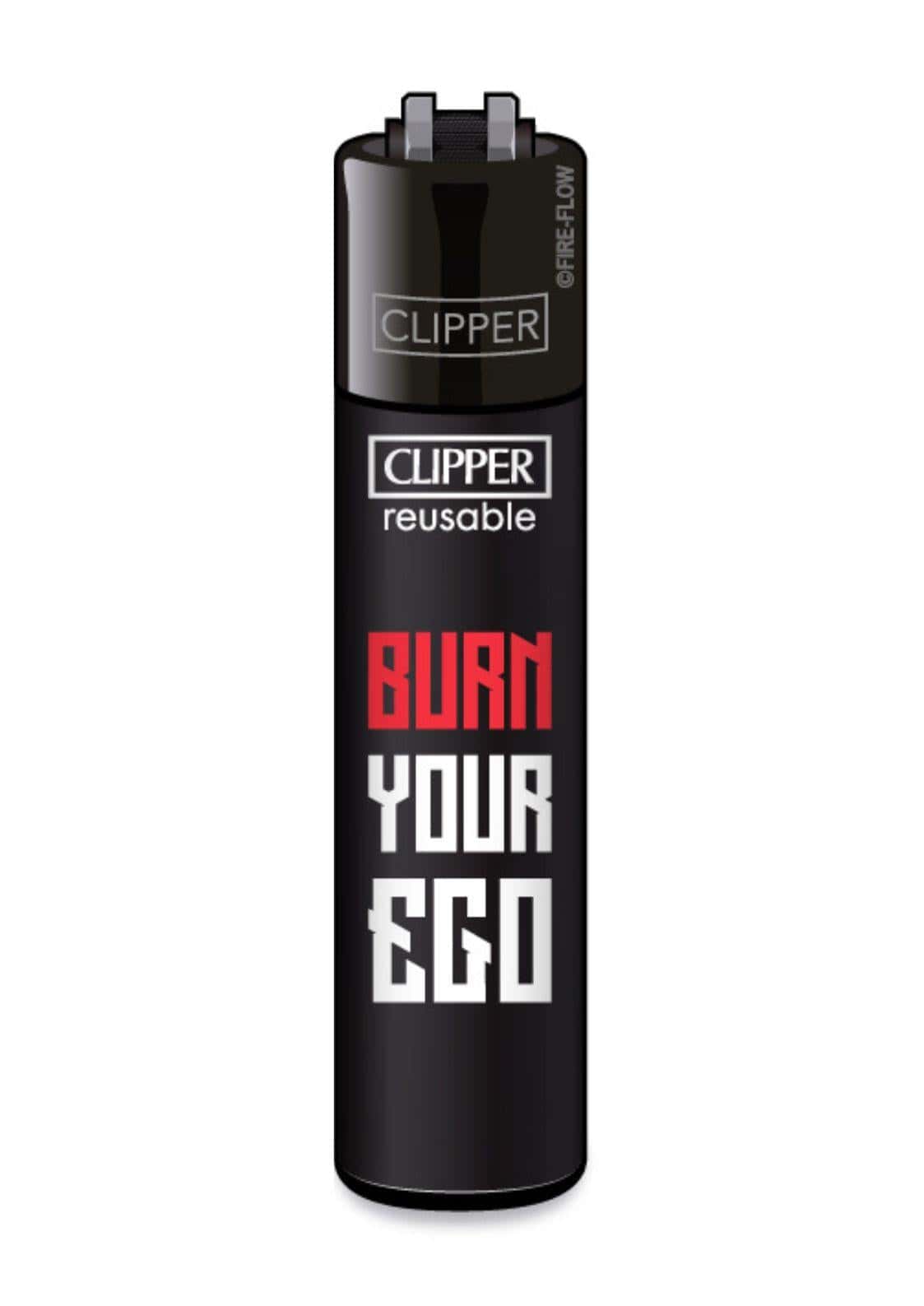 Schwarzes clipper feuerzeug nachfüllbar mit rotem und weißem burn your ego design aus der love club design kollektion