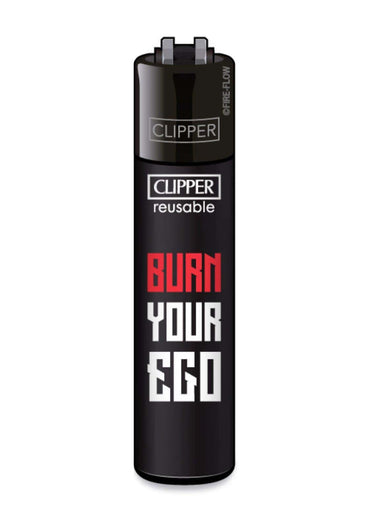 Schwarzes clipper feuerzeug nachfüllbar mit rotem und weißem burn your ego design aus der love club design kollektion