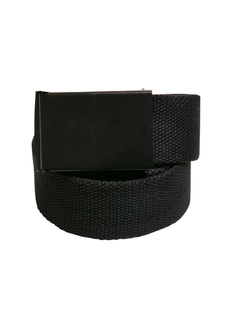 Schwarzer gewebter Canvas-Gürtel mit einer schlanken, mattschwarzen rechteckigen Schnalle.