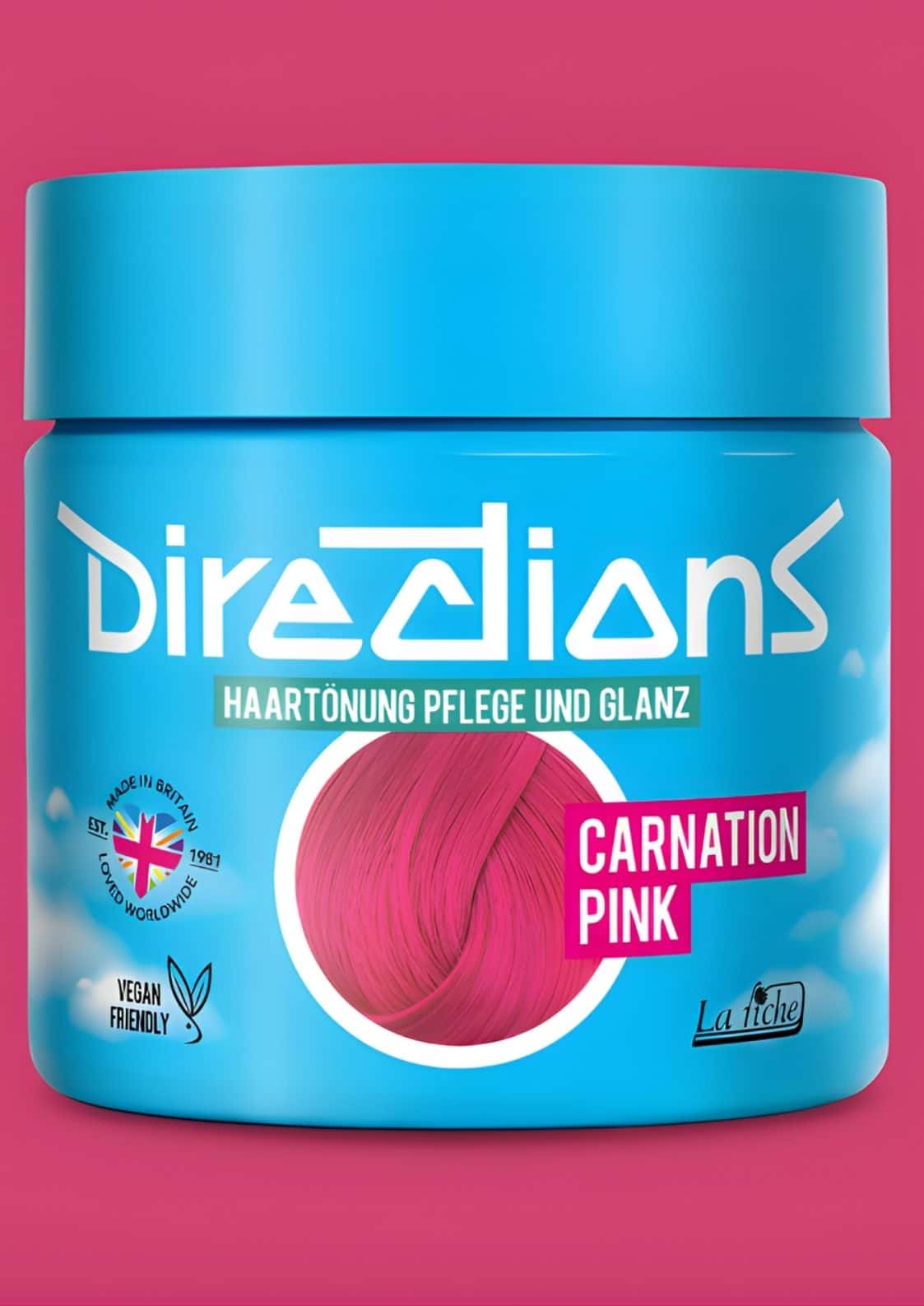 Ein lebendiger blauer zylinderförmiger directions fleischrosa haartönung jar für blondiertem haar mit semi-permanenter farbe