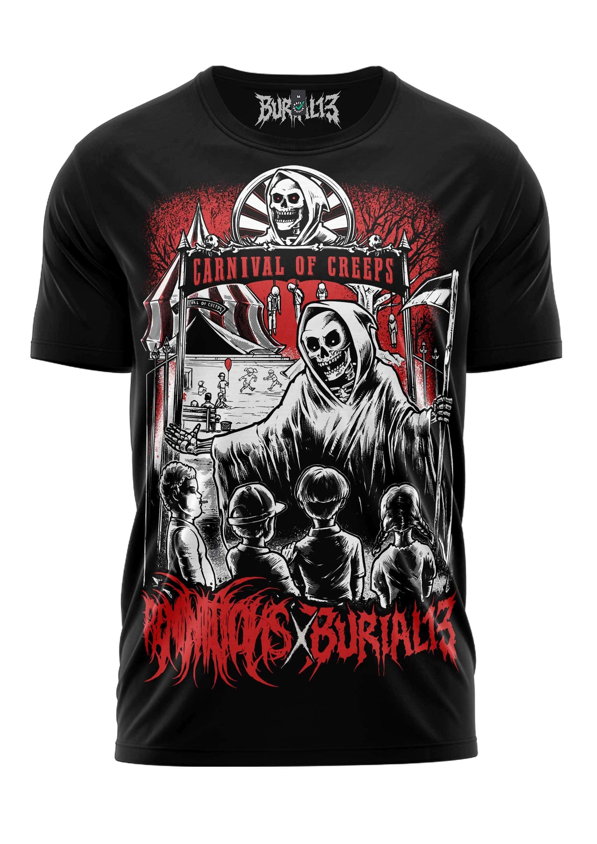 Schwarzes T-Shirt mit einem detaillierten Grafikmotiv des Sensenmanns auf einem verlassenen Karneval mit roten und weißen Akzenten, designed by burial13.