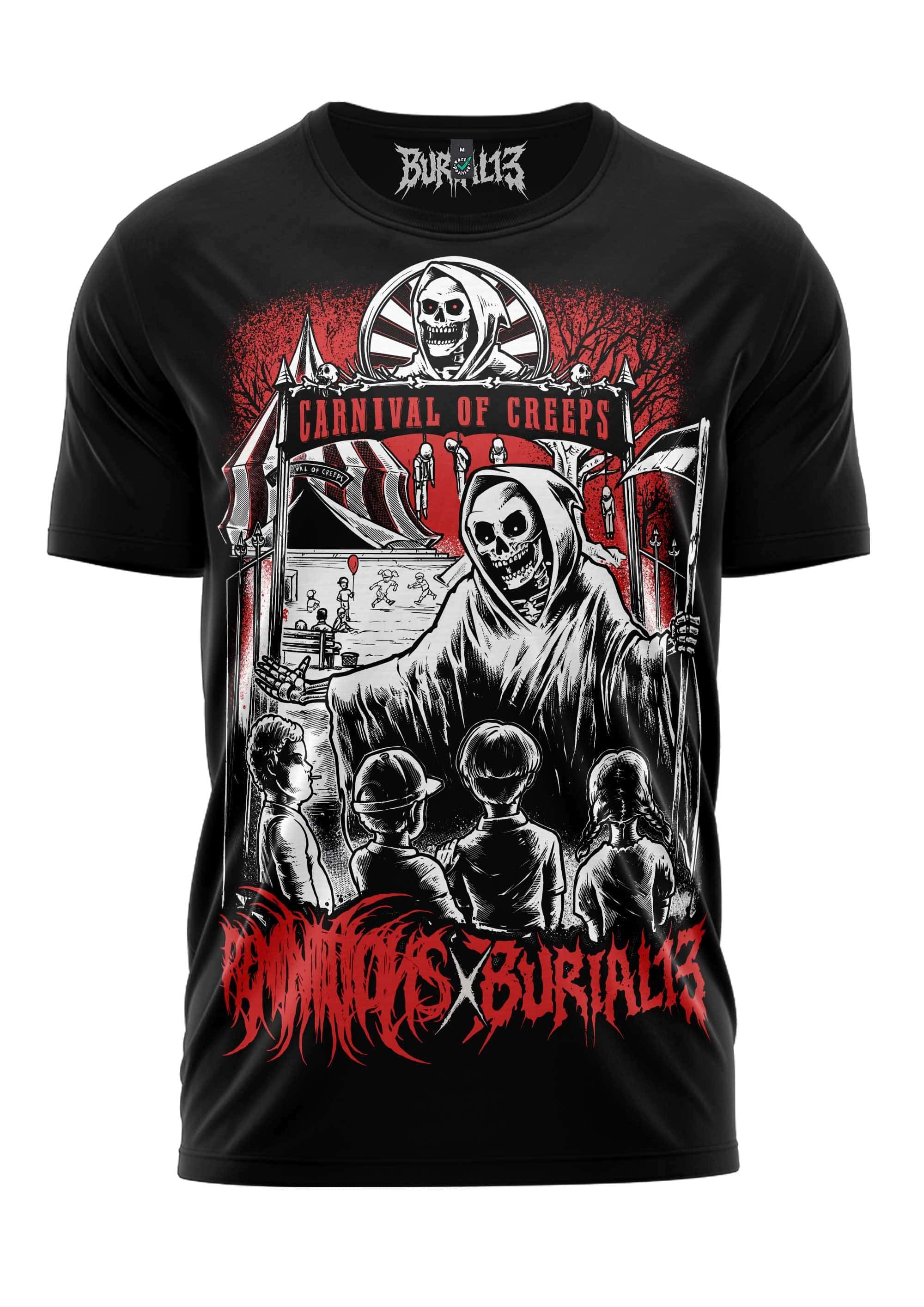 Schwarzes T-Shirt mit einem detaillierten Grafikmotiv des Sensenmanns auf einem verlassenen Karneval mit roten und weißen Akzenten, designed by burial13.