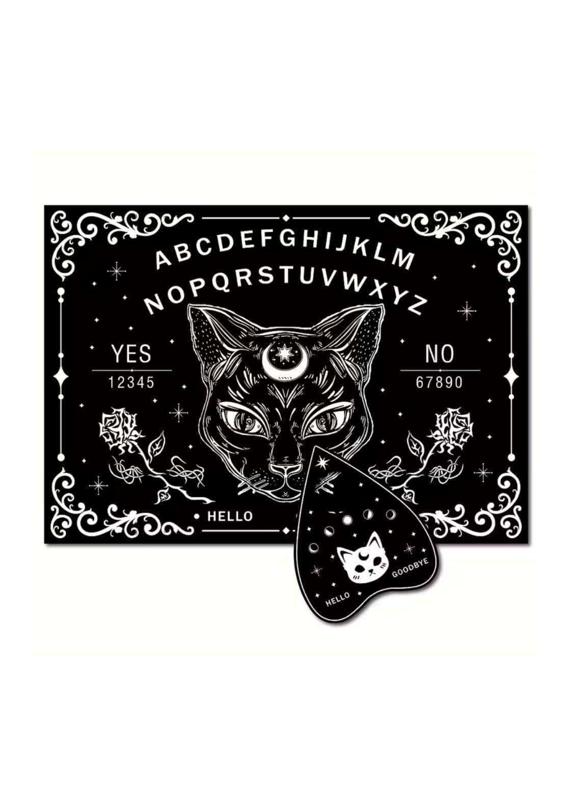 Schwarzweißes spirit board mit katzenkopfmotiv, alphabet, yes no und dekorativen wirbeln im stil der klassischen ouija-tradition