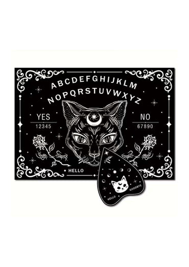 Schwarzweißes spirit board mit katzenkopfmotiv, alphabet, yes no und dekorativen wirbeln im stil der klassischen ouija-tradition