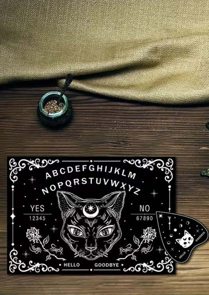Schwarzes cat head spirit board ouija mit weißem katzenkopf, mond, stern und klassische ouija-tradition symbole