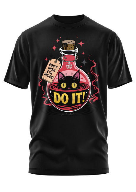 Schwarzes Kurzarm-T-Shirt mit der Grafik einer schwarzen Katze in einer rosa Zaubertrankflasche.