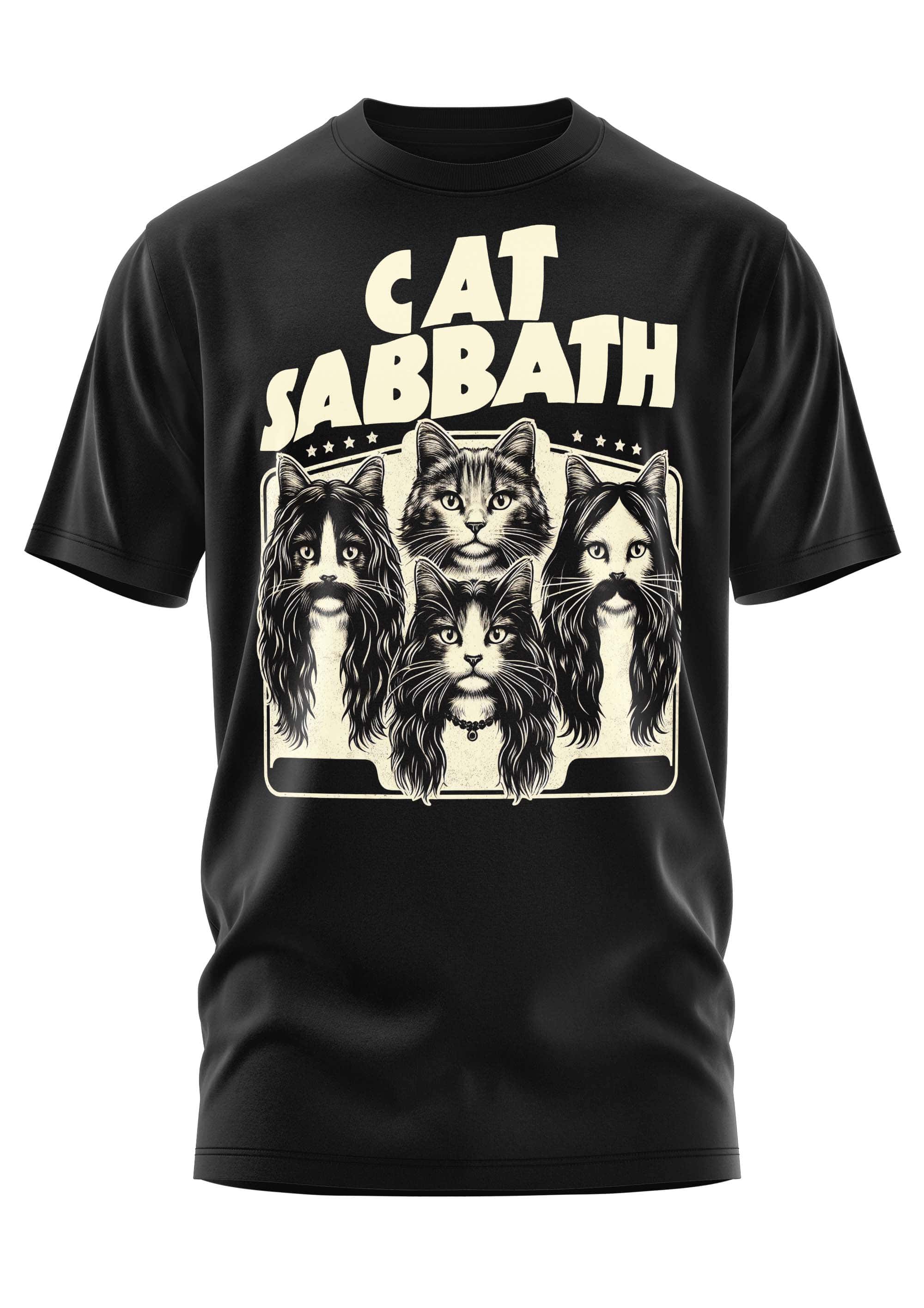 Schwarzes kurzarmshirt mit creamfarbenem cat sabbath grafikdesign und vier gothic horror stilisierten katzen als rockbandmitglieder
