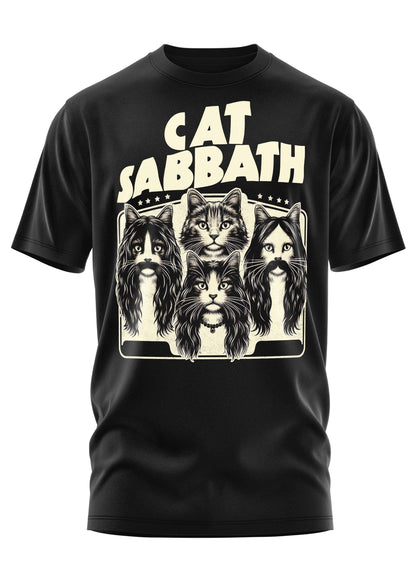 Schwarzes kurzarmshirt mit creamfarbenem cat sabbath grafikdesign und vier gothic horror stilisierten katzen als rockbandmitglieder