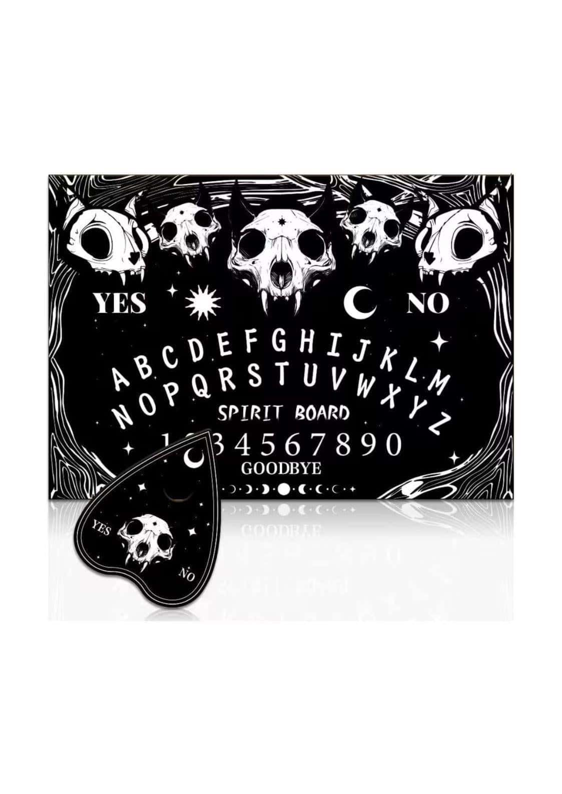Schwarzes und weißes spirit board cat skull mit katzenschädeln alphabet zahlen und gespenst pendel klassische ouija-tradition