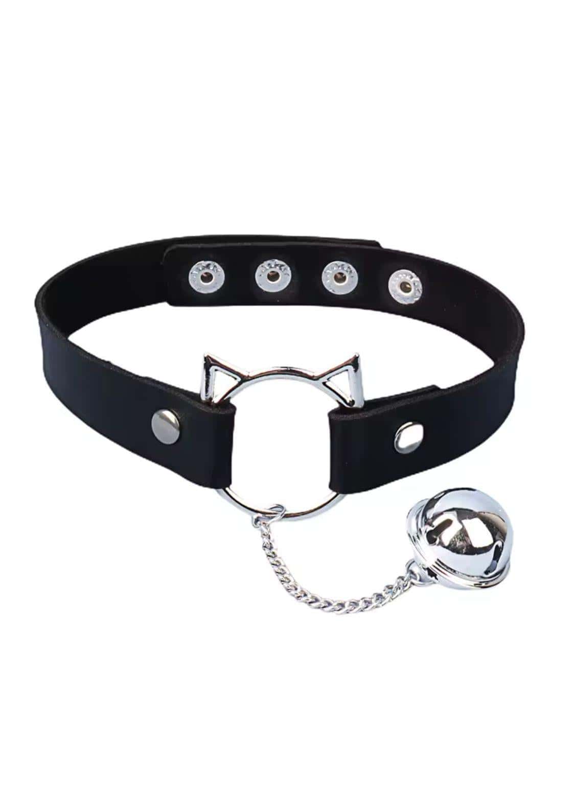 Black faux leather choker with silver cat ear design and dangling bell as an alternative accessory