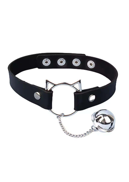 Black faux leather choker with silver cat ear design and dangling bell as an alternative accessory