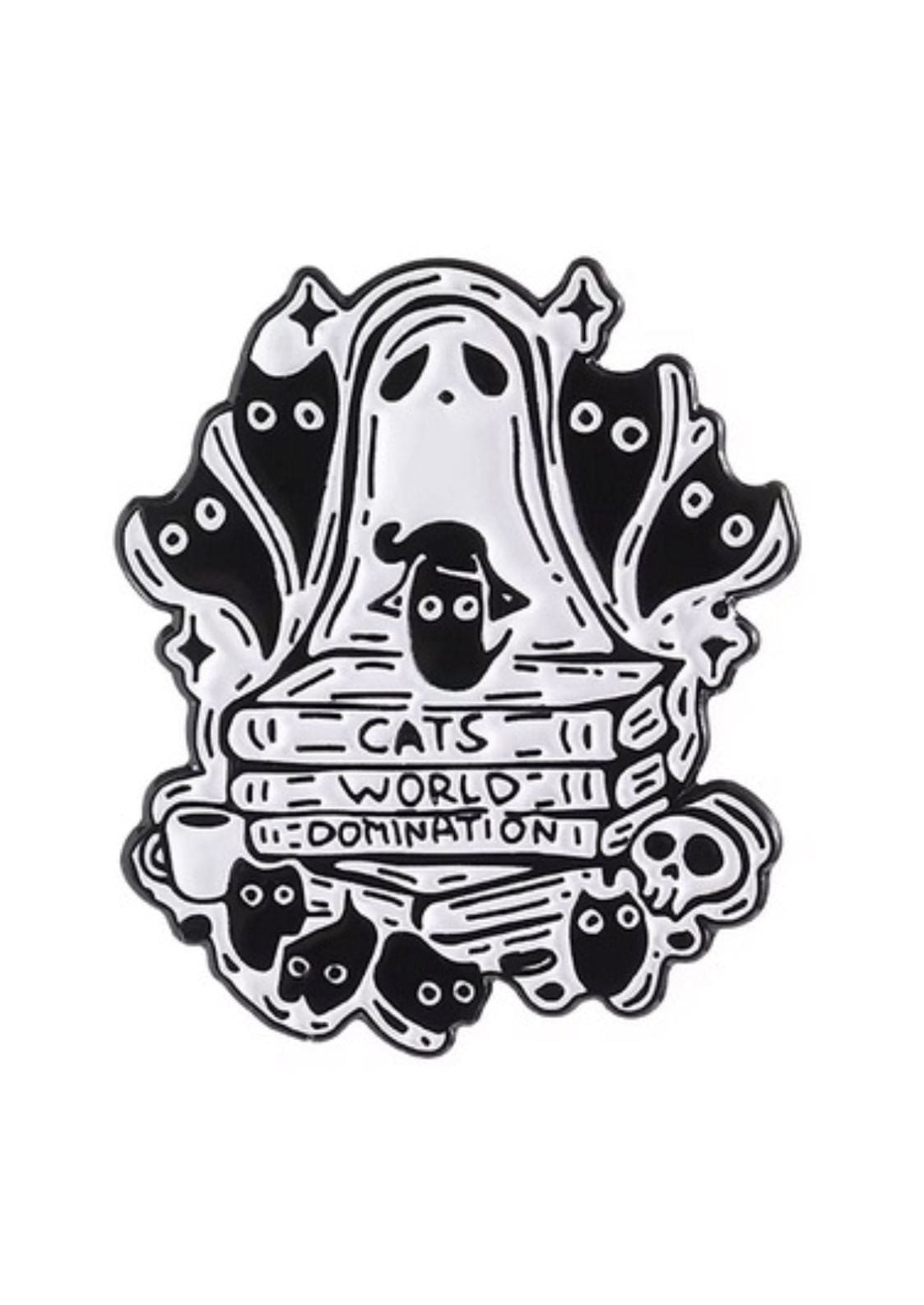 Schwarz-weißes Katzen-Themen-Emaille-Anstecker mit Geister-Design, Text ’Katzen-Weltherrschaft’.