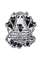 Schwarz-weißes Katzen-Themen-Emaille-Anstecker mit Geister-Design, Text ’Katzen-Weltherrschaft’.
