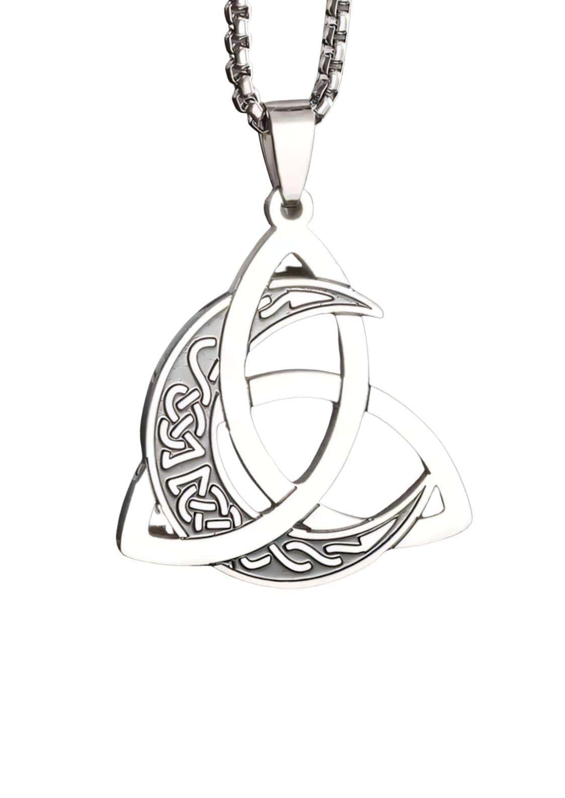 Silberne celtic moon halskette mit triquetra anhänger und filigranem keltischem knotendesign an passender kettenglied