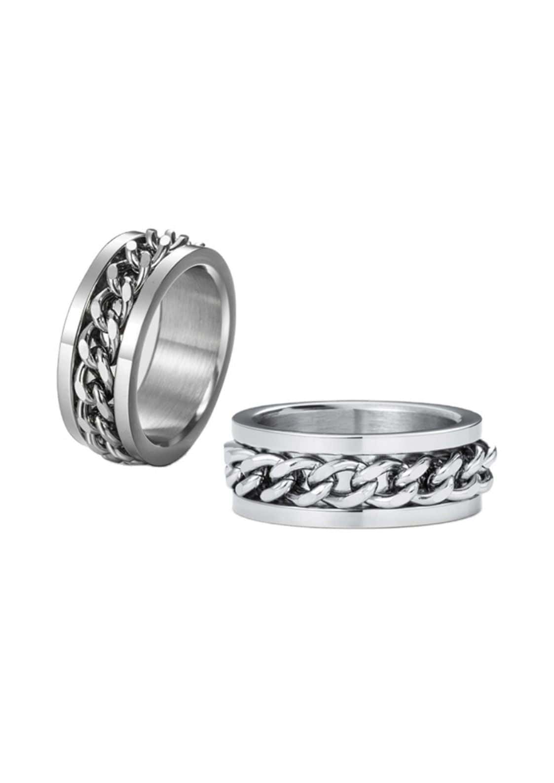 Silberne Kettenglied-Drehring mit strukturiertem Design und polierter Oberfläche.