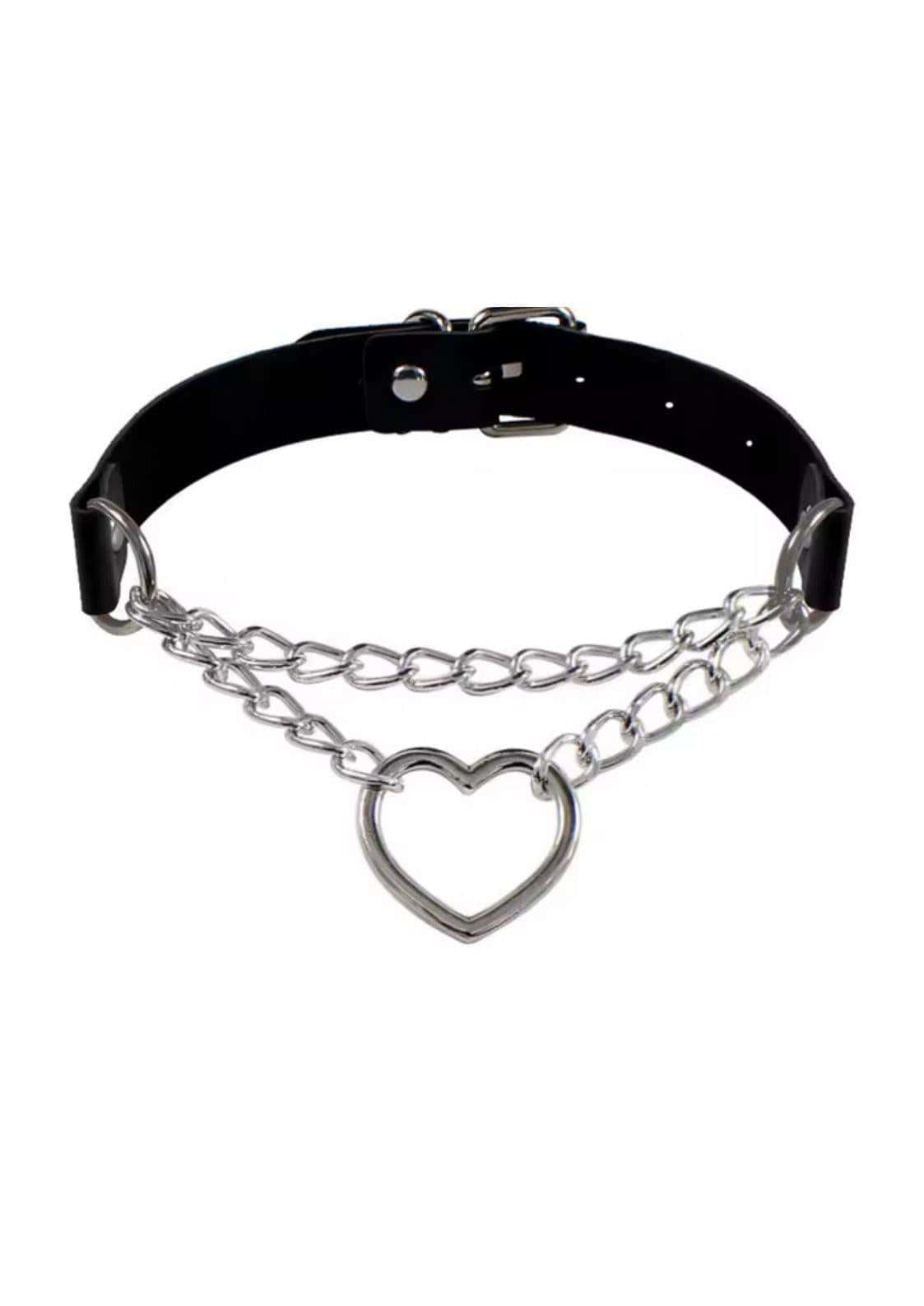Schwarzer leder choker mit silberkette und herzanhänger auffälliger gothic choker für alternative outfits
