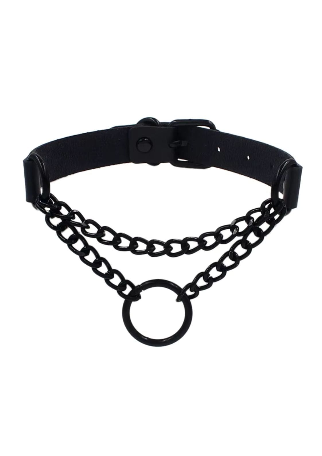 Schwarzes Leder- und Ketten-Choker mit kreisförmigem Ring-Akzent.