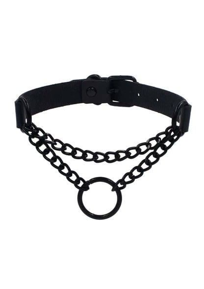 Schwarzer chain o ring choker aus leder mit metallkette und rundem ring im gothic horror stil