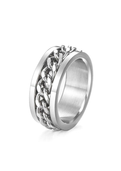 Silberner edelstahlring mit kettenring struktur und spinner design für chinaring stil