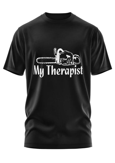 Schwarzes gothic kurzarmshirt mit weißem horror-chainsaw grafik und text my therapist bitte design