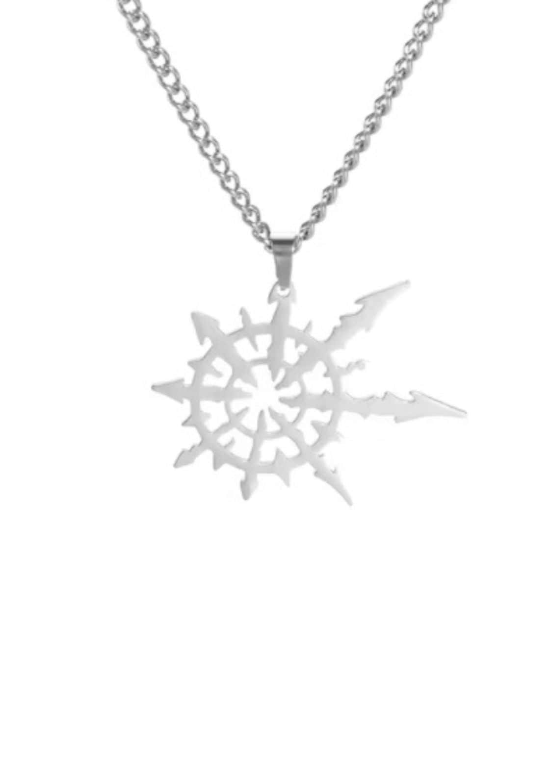 Silberne chaos halskette mit filigranem schneeflocken anhänger aus edelstahl herkunftsland deutschland