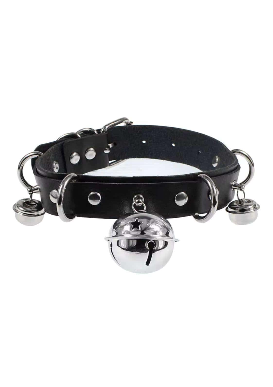 Schwarzes synthetikleder choker mit silbernen glöckchen und nieten in der choker bell kollektion