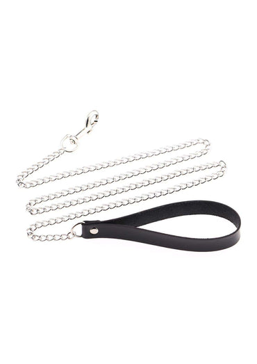 Black ledergriff am silbernen metallverschluss einer kette die choker leine im detail zeigt