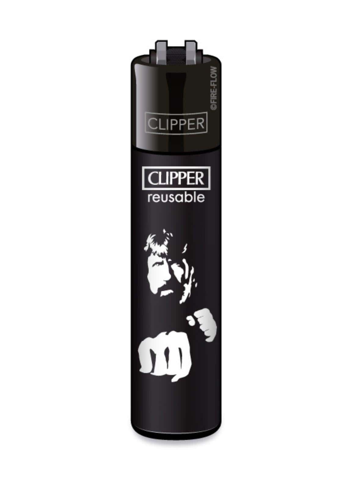 Schwarzes clipper feuerzeug mit nachfüllfunktion und weißem grafikdesign eines mannes und faust im gothic horror stil
