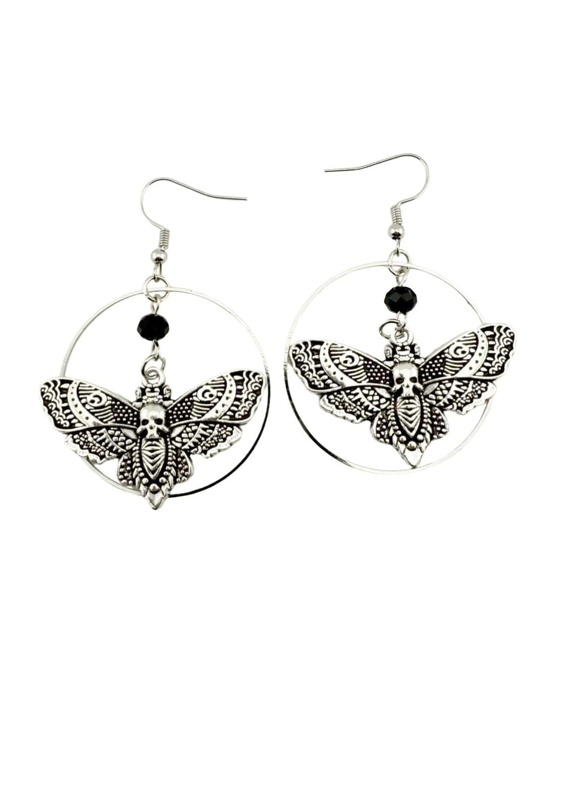 Silberne Schmetterlingsreif-Ohrstecker mit schwarzen Perlen und aufwendigen Flügel-Details.