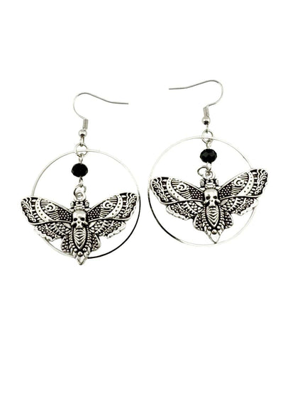 Silberne Schmetterlingsreif-Ohrstecker mit schwarzen Perlen und aufwendigen Flügel-Details.