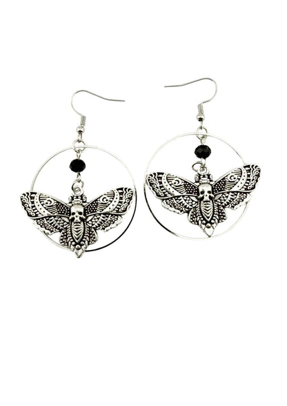 Silberne Schmetterlingsreif-Ohrstecker mit schwarzen Perlen und aufwendigen Flügel-Details.