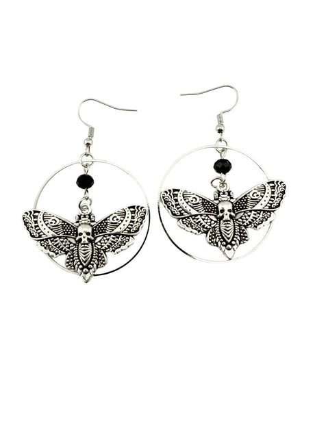 Silberne Schmetterlingsreif-Ohrstecker mit schwarzen Perlen und aufwendigen Flügel-Details.