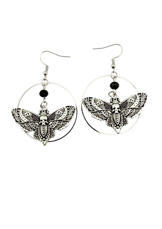 Silberne Schmetterlingsreif-Ohrstecker mit schwarzen Perlen und aufwendigen Flügel-Details.