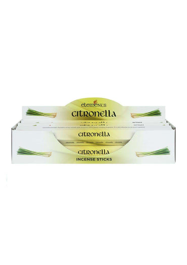 Weiße und blassgrüne papierbox für elements citronella räucherstäbchen mit lemongrass illustration ideal für mückenabwehr