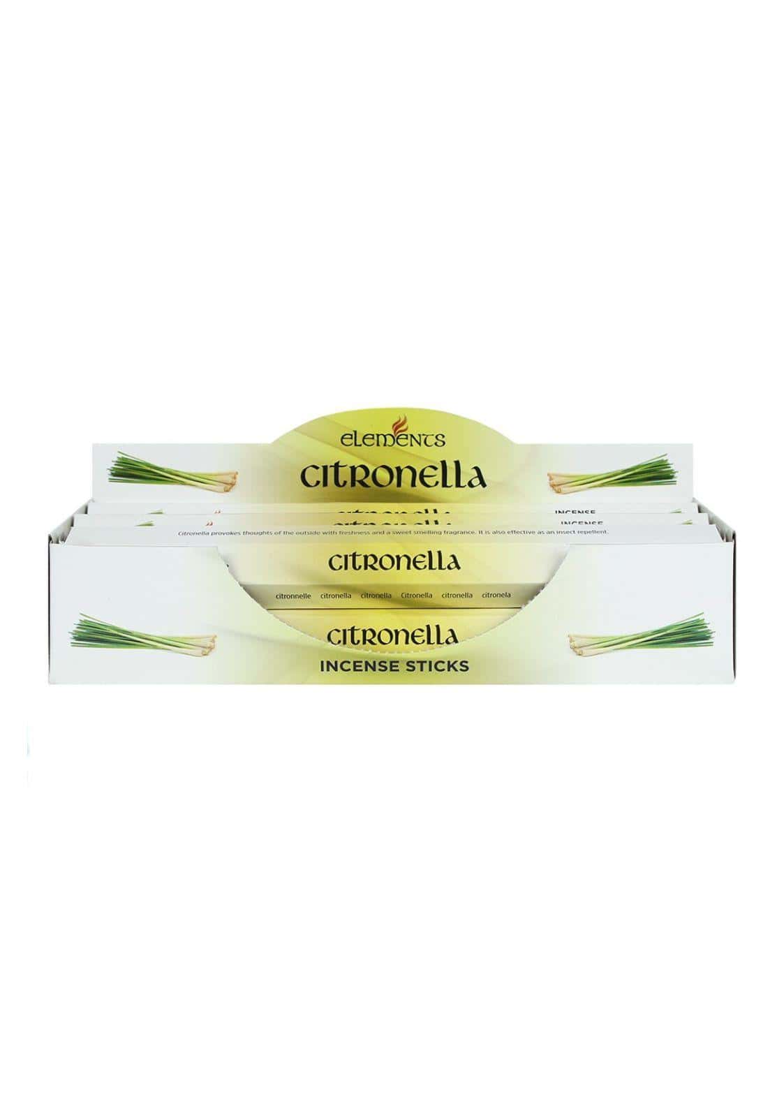 Weiße und blassgrüne papierbox für elements citronella räucherstäbchen mit lemongrass illustration ideal für mückenabwehr