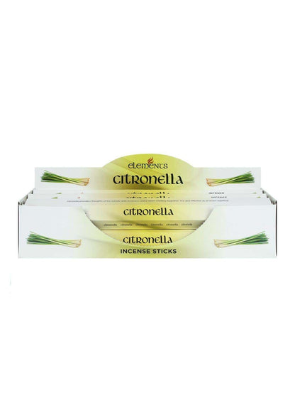 Weiße und blassgrüne papierbox für elements citronella räucherstäbchen mit lemongrass illustration ideal für mückenabwehr